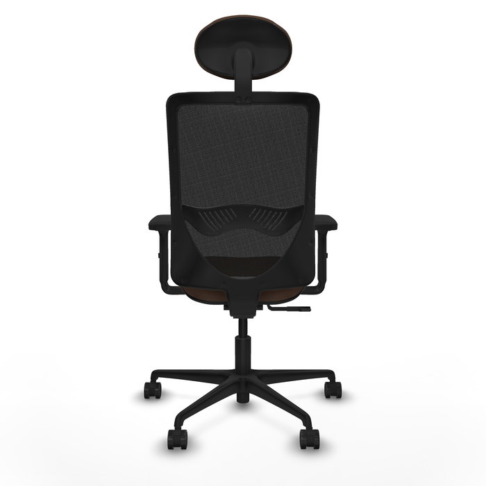 Silla de oficina Zulema con mecanismo Sincro tapizada con Tela color Marrón oscuro y malla color Negro. Equipada con lumbar 1D, Brazos 2D, Cabecero Fijo y Ruedas 65mm nailon