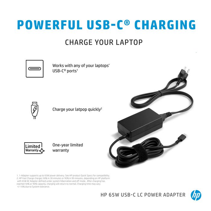 HP 65W USB-C LC Power Adapter Cargador para Portátil