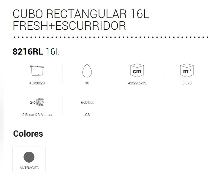 PLASTIKEN Cubo con Escurridor Fresh Rectangular 16L Antracita 8216RL-ANT