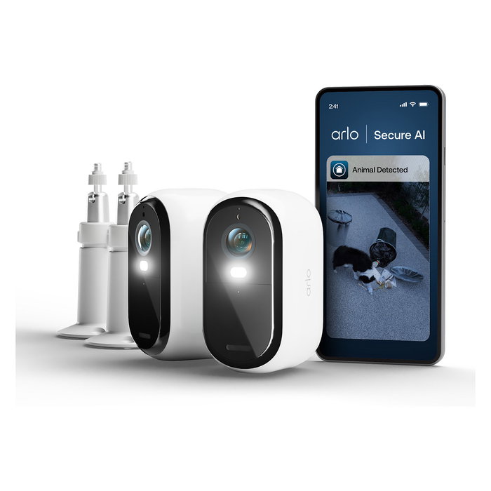 ARLO Essential E3 HD Cámara de Seguridad IP 2 Cámaras Exterior Inalámbrica/Alámbrica con Visión Nocturna y Zoom 12x, Incluye 2 Montajes Techo/Pared, Negro/Blanco