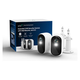 ARLO Essential E3 HD Cámara de Seguridad IP 2 Cámaras Exterior Inalámbrica/Alámbrica con Visión Nocturna y Zoom 12x, Incluye 2 Montajes Techo/Pared, Negro/Blanco