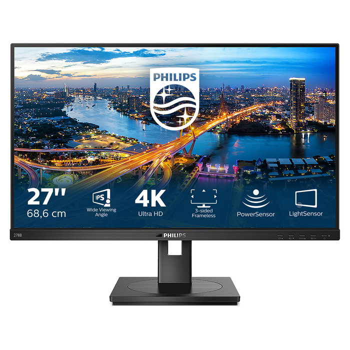 Philips 278B1/00 Monitor 27" 4K UHD (3840x2160) IPS 60Hz, USB-C Hub, Altavoces, Flicker-Free, Pivote Ajustable, Negro