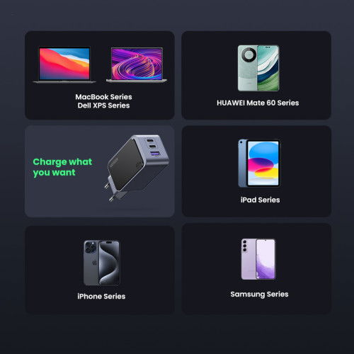 UGREEN 35042 Cargador Nexode Air 65W, 2x USB-C, 1x USB-A, Carga Rápida, Gris