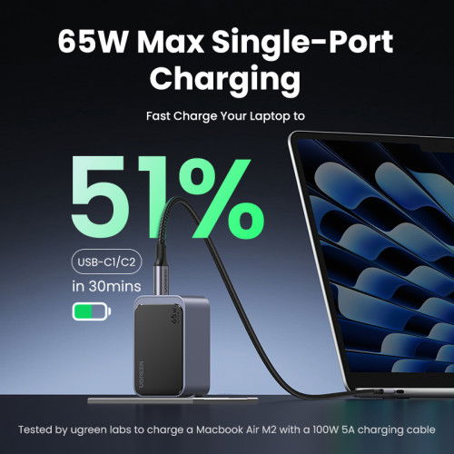 UGREEN 35042 Cargador Nexode Air 65W, 2x USB-C, 1x USB-A, Carga Rápida, Gris