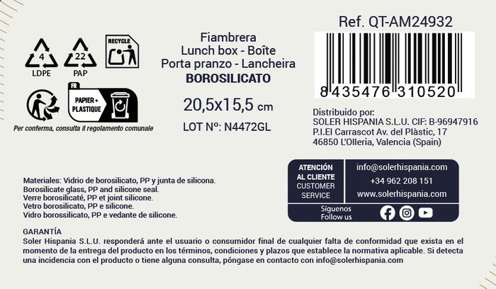 Inde Fiambrera Rectangular Hermética 20.5 x 15.3 cm 1L Ambare (6 Unidades)