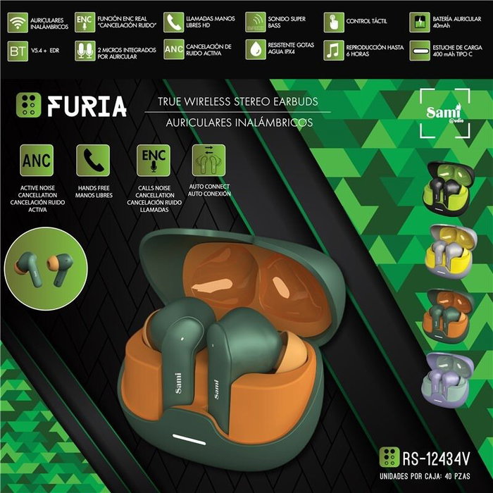SAMI FURIA TWS Auriculares Inalambricos Bicolor Verde Carga 40mAh/400mAh