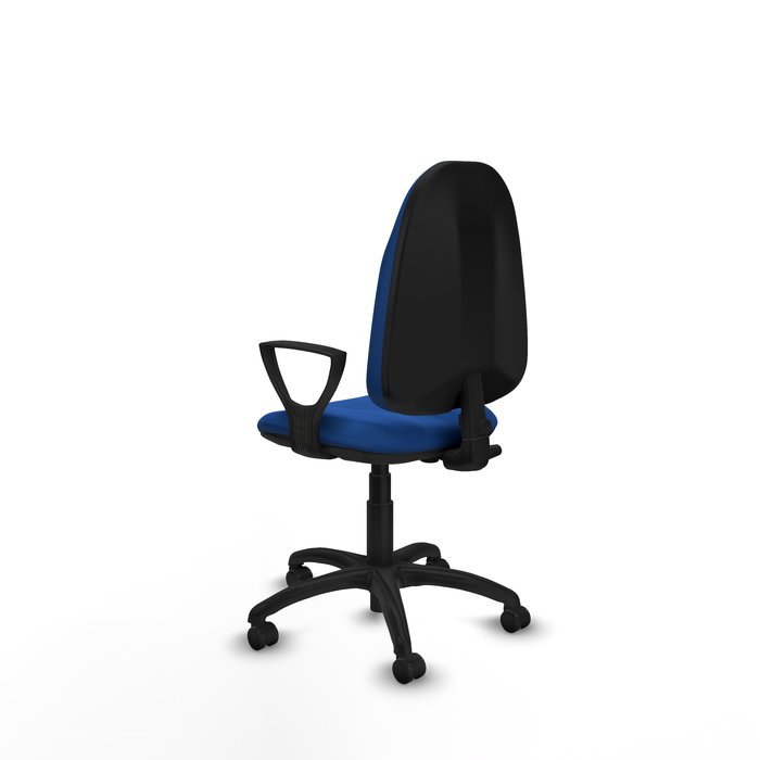 Silla de oficina Algarra con mecanismo Contacto permanente básico tapizada con Similpiel color Azul. Equipada con Base poliamida negra, Brazos fijos y Ruedas de parqué