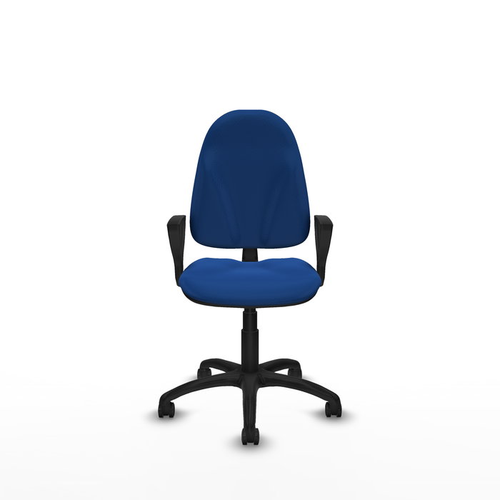 Silla de oficina Algarra con mecanismo Contacto permanente básico tapizada con Similpiel color Azul. Equipada con Base poliamida negra, Brazos fijos y Ruedas de parqué