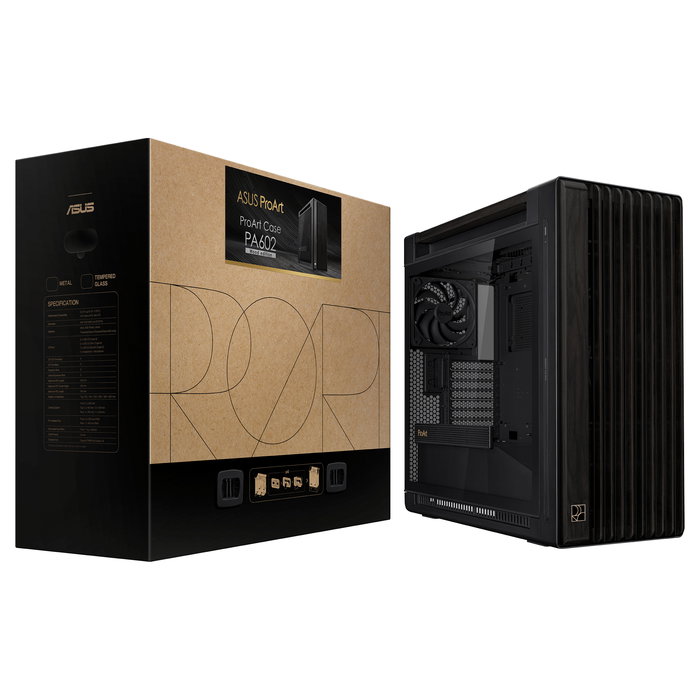 ASUS ProArt PA602 Wood Edition Caja PC Negro Torre Media ATX Madera Templado 4x 3.5" 8x 2.5" 8 Ranuras