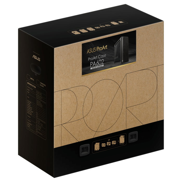 ASUS ProArt PA602 Wood Edition Caja PC Negro Torre Media ATX Madera Templado 4x 3.5" 8x 2.5" 8 Ranuras