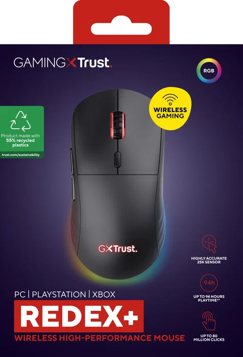 Trust GXT 927 Redex+ Ratón Gaming Inalámbrico RF 2.4 GHz con Cable USB, 25600 DPI, 6 Botones Programables, RGB 3 Zonas, Ergonómico para Mano Derecha, Recargable, Color Negro