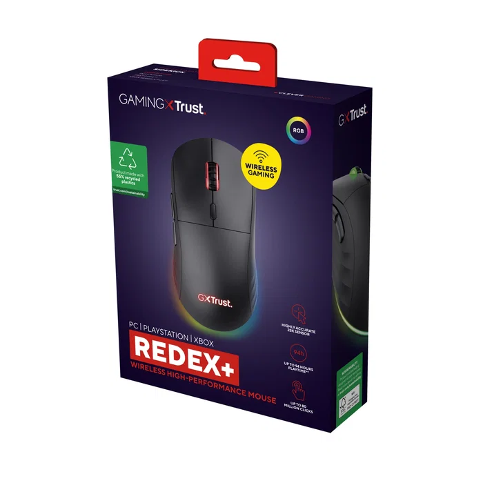 Trust GXT 927 Redex+ Ratón Gaming Inalámbrico RF 2.4 GHz con Cable USB, 25600 DPI, 6 Botones Programables, RGB 3 Zonas, Ergonómico para Mano Derecha, Recargable, Color Negro