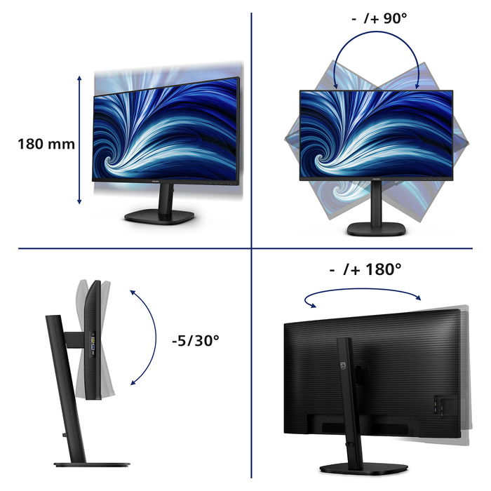 Philips 24B2U3301D Monitor 24" Full HD 1920x1080 120 Hz IPS con HDMI 1.4, DP 1.4, USB-C 90W, Pantalla Antirreflectante para Negocios, Negro