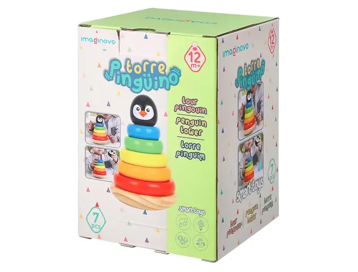 Imaginovo Juego Infantil de Madera Pinguino Torre de Formas Apilables +12 meses 7 piezas 18x12x12cm