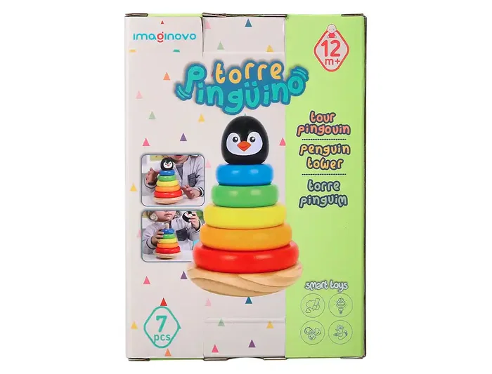 Imaginovo Juego Infantil de Madera Pinguino Torre de Formas Apilables +12 meses 7 piezas 18x12x12cm