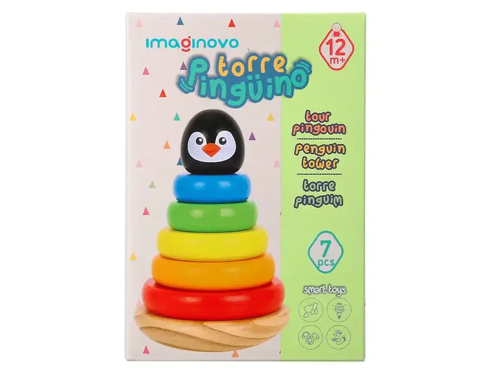 Imaginovo Juego Infantil de Madera Pinguino Torre de Formas Apilables +12 meses 7 piezas 18x12x12cm
