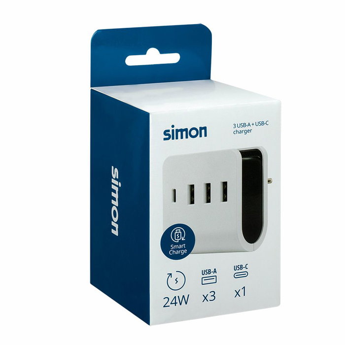 Simon Adaptador de Carga 3 USB-A + 1 USB-C, 16A Total, con Soporte Integrado para Smartphone - Blanco
