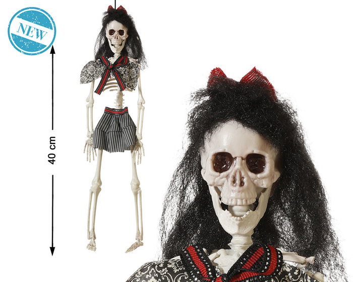Figura Decorativa Esqueleto Novia 40 cm con Lazo Rojo y Falda a Rayas para Decoración Halloween, Día de Muertos o Bodas Temáticas, Siniestra y Elegante Figura Decorativa Esqueleto Novia 40 cm con Lazo Rojo y Falda a Rayas para Decoración Halloween, Día de Muertos o Bodas Temáticas, Siniestra y Elegante