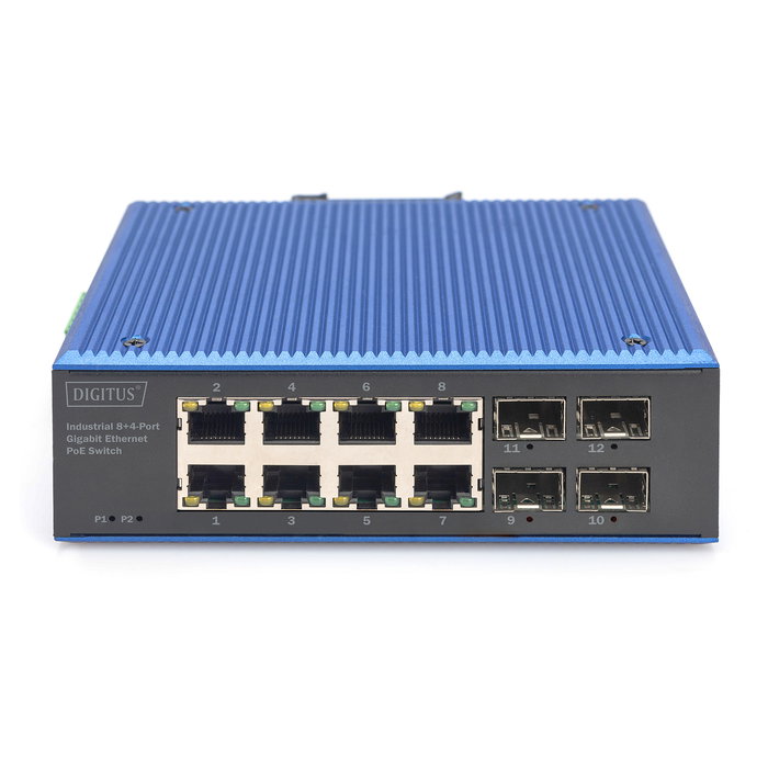 Digitus 8+4P Industrial Gigabit Ethernet PoE Switch, Conmutador No Administrado, 8 Puertos Gigabit PoE, 4 Puertos Fibra SFP/SFP+