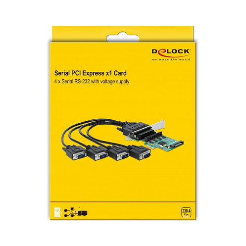 DeLOCK Tarjeta PCI Express x1 a 4 Puertos Serie RS-232 con Fuente WCH384L, PCIe 1.1, Full-Height/Low-Profile, Verde, Windows 10/8/7
