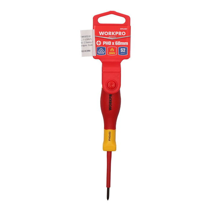 Workpro Destornillador Phillips Aislado VDE 1000V PH0 x 60mm - Acero S2 Cromo-Vanadio, Mango Ergonómico para Trabajo Eléctrico Seguro
