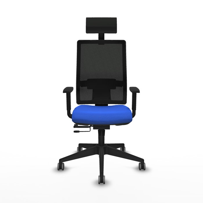 Silla de oficina Horna con mecanismo Sincro/Traslack tapizada con Tela color Azul y malla color Negro. Equipada con lumbar 1D, Brazos 1D, Cabecero Fijo y Ruedas 65 mm parqué