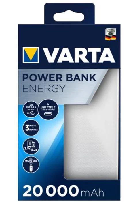 Varta Energy 20000 Power Bank 20000 mAh Polímero de Litio, 2 USB A + 1 USB C, Carga Rápida, Color Negro y Blanco