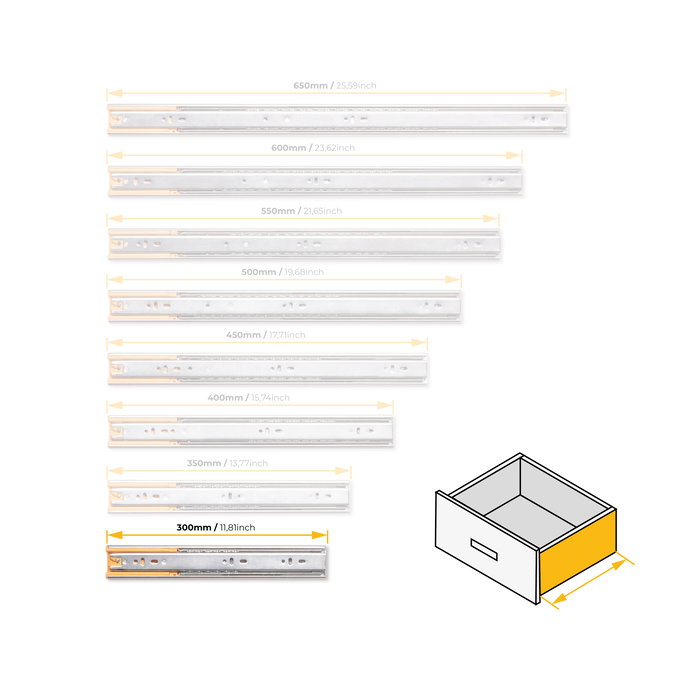 Emuca Lote de 5 juegos de guías para cajones, de bolas, altura 45mm, profundidad 300mm, extracción total, cierre suave, Cincado