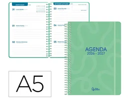 Liderpapel Agenda Escolar 2026-2027 Classic, Semana Vista, A5, Espiral, Bilingüe (Español/Inglés), Color Verde, Papel FSC 70 g