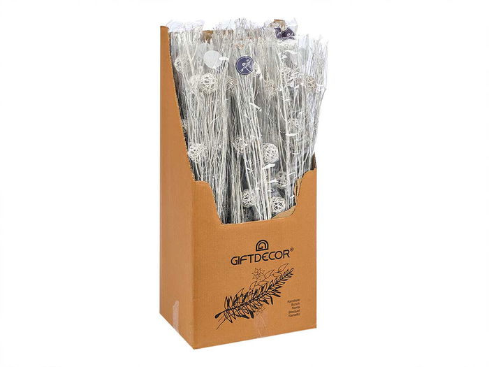 Giftdecor Ramillete 3 Bolas Blanco Metalico, Materia Vegetal Seca, 13 x 100 x 9 cm (Set de 24)