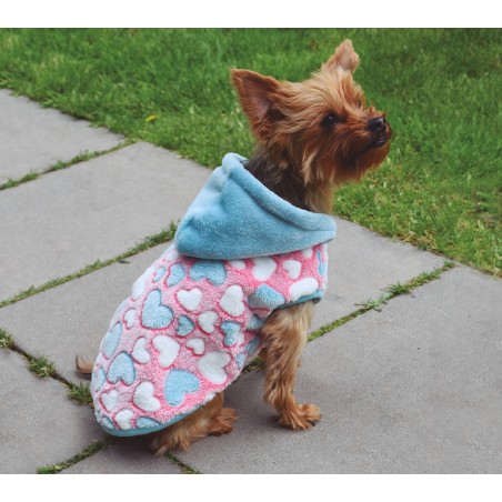 Nayeco Sudadera con Capucha "Lollipop" para Mascota, Tejido Súper Suave, Ojal Correa, Adaptable, Corazones Rosa, 20 cm