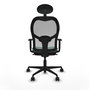 Silla de oficina Jorquera con mecanismo Sincro tapizada con Tela color Verde esmeralda y malla color Gris. Equipada con lumbar 1D, Brazos 1D, Cabecero Fijo y Ruedas 65mm nailon