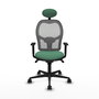 Silla de oficina Jorquera con mecanismo Sincro tapizada con Tela color Verde esmeralda y malla color Gris. Equipada con lumbar 1D, Brazos 1D, Cabecero Fijo y Ruedas 65mm nailon