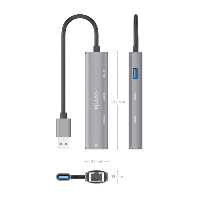 Aisens USB-A Docking Station Ethernet Gigabit y Hub 4 en 1, Gris