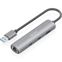 Aisens ASUC-4P036-GR Hub USB 4 Puertos con 2xUSB-C, 1xUSB-A y 1xRJ45 Gigabit Ethernet, Color Gris