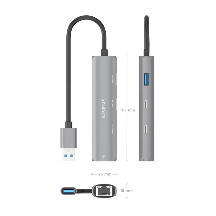 Aisens ASUC-4P036-GR USB-A a Ethernet Gigabit + Hub 2xUSB-C + 1xUSB-A Gris