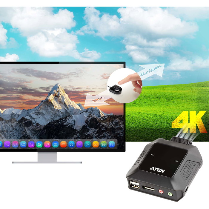 ATEN CS22DP KVM Switch, 2 Puertos USB, DisplayPort, Para Control Dual de Ordenadores ATEN CS22DP KVM Switch, 2 Puertos USB, DisplayPort, Para Control Dual de Ordenadores