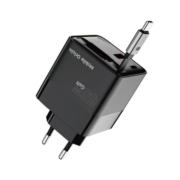 Mobile Origin 65W GaN Charger con cable USB-C retráctil y puerto USB-A