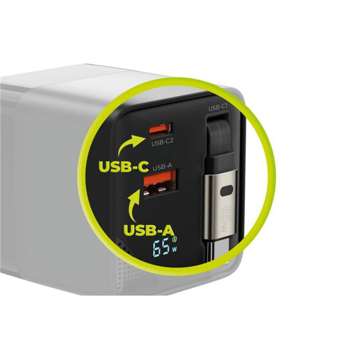 Mobile Origin 65W GaN Charger con cable USB-C retráctil y puerto USB-A