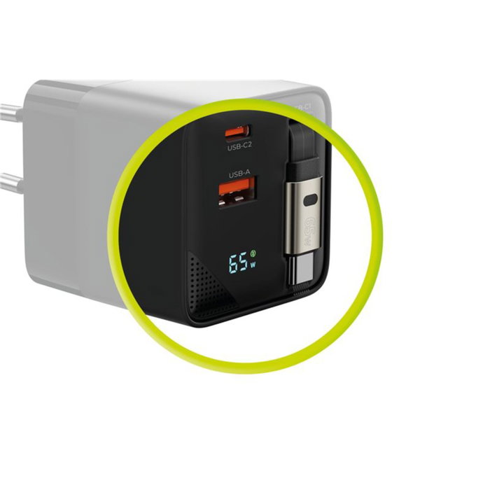 Mobile Origin 65W GaN Charger con cable USB-C retráctil y puerto USB-A