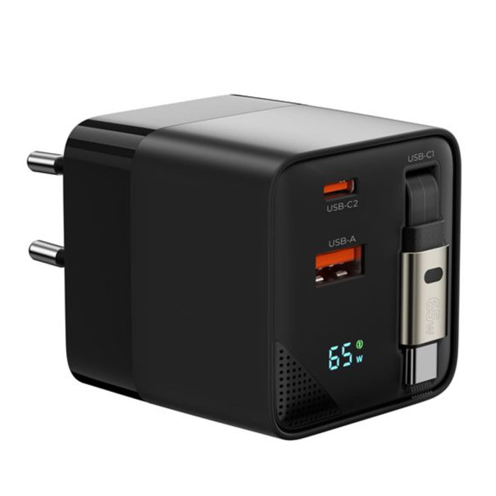 Mobile Origin 65W GaN Charger con cable USB-C retráctil y puerto USB-A