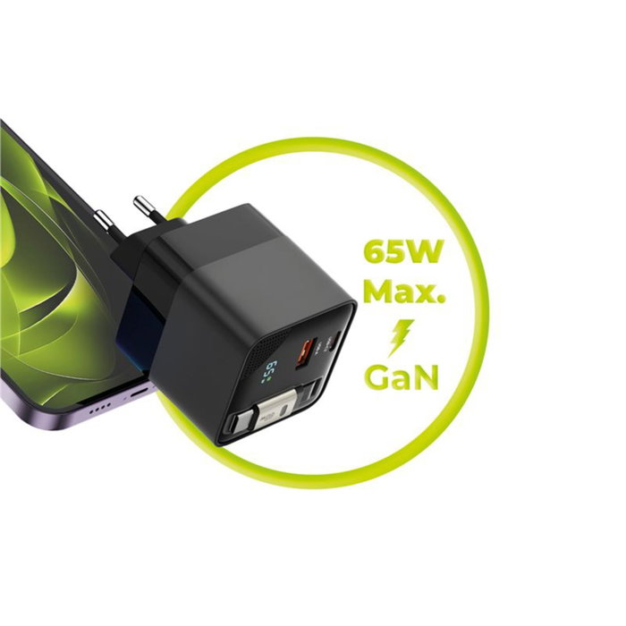 Mobile Origin 65W GaN Charger con cable USB-C retráctil y puerto USB-A