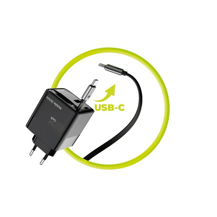 Mobile Origin 65W GaN Charger con cable USB-C retráctil y puerto USB-A