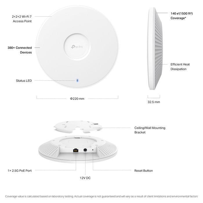 TP-Link Omada EAP772 Access Point WiFi 7 9300 Mbit/s, 2.4/5/6 GHz, Bluetooth 5.2, Router inalámbrico de techo/pared, gestión Omada, blanco