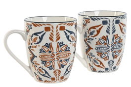 DKD Home Decor Taza Estilo Boho Porcelana Azul Blanco Marron Apta Microondas y Lavavajillas 8.5 x 10 x 11.5 cm (6 Unidades)