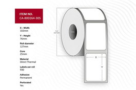 Capture 800264-305 Etiquetas Térmicas Directa 102 x 76 mm, Núcleo 25 mm, Papel Permanente Perforada, 12 Rollos por Caja
