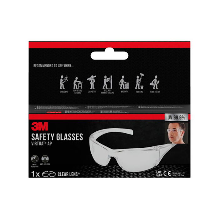 3M Virtua AP - Gafas de Seguridad con Lente Incolora, Protección Lateral, Resistente a Impactos y Antiarañazos para Exteriores