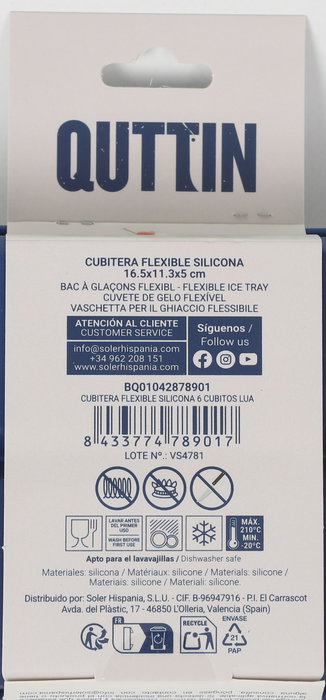 Inde Cubitera Flexible de Silicona para 6 Cubitos de Hielo Lua Quttin, 16.5x11.3x5 cm (24 Unidades)