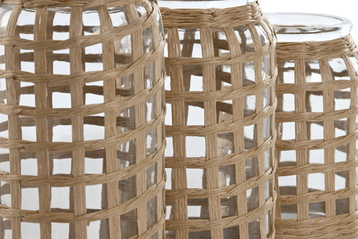 DKD Home Decor Set de 3 Jarrones de Cristal y Fibra Natural