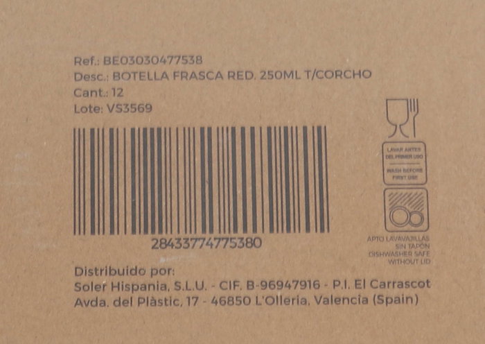 La Mediterranea Botella Frasca Redonda 250 ml con Tapa de Corcho (36 Unidades)